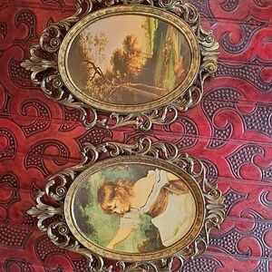 Vintage Oval Made in Italy Brass Framed Print Matching 2 Frames  Romantic 7"x5"